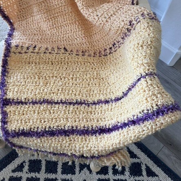 Handmade Crocheted Afghan Throw Blanket  Yellow Purple Soft Fringe 30x 70 in - Picture 5 of 9